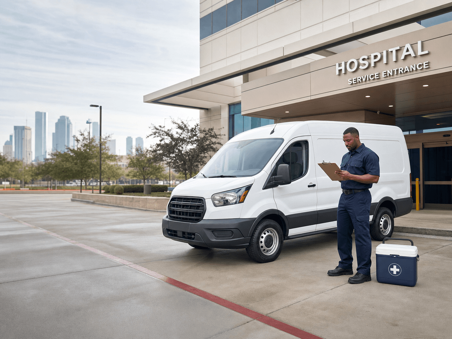 African medical courier reviewing a checklist beside an unbranded delivery van