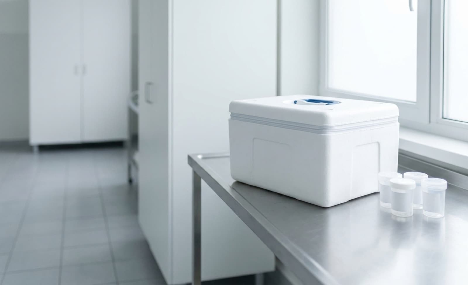 A sealed white insulated medical courier transport cooler and specimen containers on a stainless steel counter in a hospital pathology receiving area